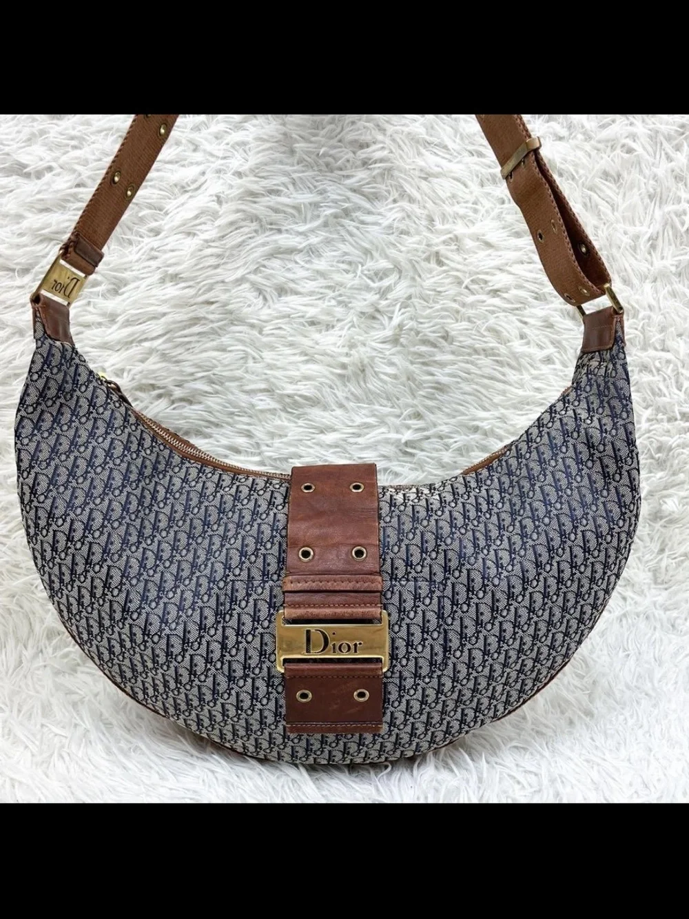 Dior Blue Monogram Crescent Shoulder Bag with Brown Leather Trim